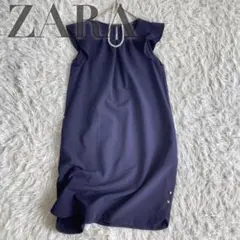 美品＊ZARA【輝く金ボタン】ギャザーネックフレンチフレアスリーブワンピース S