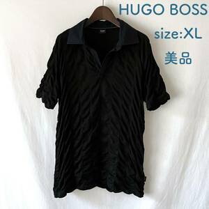 ■ 美品 ■ HUGO BOSS ■ コットン ■ スキッパー カットソー 襟付き ■ SLIM FIT XL ■ ブラック ■ /