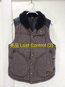 美品◆LOST CONTROL ロストコントロール レザーヨーク ツイードウール/シープスキン 羊革 ダウンベスト MOUTON SC WC DOWN VEST メンズ(2)