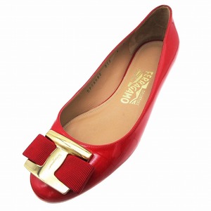 サルヴァトーレフェラガモ SALVATORE FERRAGAMO NINNA ニンナ エナメル フラット パンプス リボン シューズ 6/23.5cm 赤 レディース