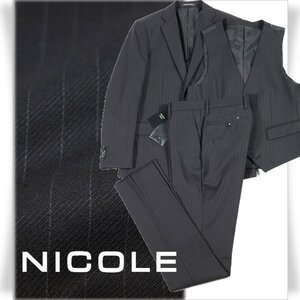 新品1円～★ニコル セレクション NICOLE selection ウール毛 スリーピーススーツ 44 S ストライプ 黒 ブラック ノータック ベスト ◆5666◆