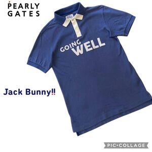 【美品】PEARLY GATES JACK BUNNY Golf メンズ ポロ シャツ 半袖 ネイビーブルー M パーリーゲイツ