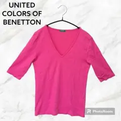 ベネトン 無地 7分袖 トップス Tシャツ Vネック ピンク シンプル