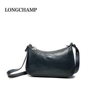 ☆美品☆ LONGCHAMP ロンシャン FRANCE製/シュリンクレザー シボ革/エンボスロゴ/クロスボディー 斜掛け ブラック ショルダーバッグ 