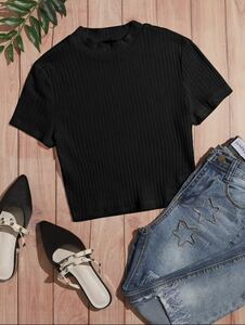 SHEIN 無地 ショート丈リブニット Tシャツ XLサイズ 黒 ブラック