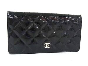 1円 ■美品■ CHANEL シャネル ココマーク マトラッセ パテントレザー 二つ折り 長財布 ウォレット メンズ レディース ブラック系 FI6093