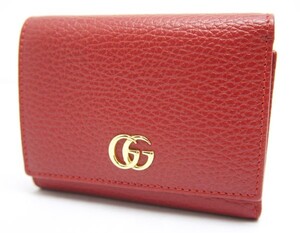 中古 良品 GUCCIグッチ 三つ折り財布 GG マーモント 474746 レザー レッド