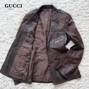 希少 美品　GUCCI グッチ　レザージャケット　テーラードジャケット　裏地総柄　クレスト　ラムレザー　羊革　イタリア製　ブラウン　46 M