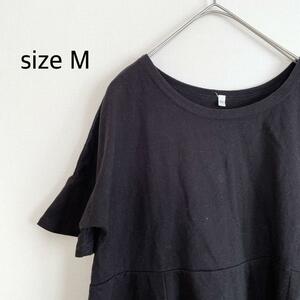 h458 【大特価】 M 黒 半袖カットソー Tシャツ 無地 Uネック シンプル