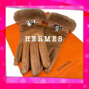  美品 人気色 エルメス HERMES 手袋 ファー ラムスキン ブラウン グローブ