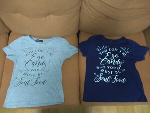 PARK GIRL半袖丸首プリントTシャツ120cm綿100％ペアルック女の子紺グレーブルー英語トップスキッズ子供服コットン100％子どもカットソー2枚