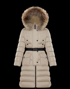 国内正規店購入 Moncler KHLOE モンクレール クロエ ベルト付き ロングダウン ベージュ フード付 グレージュ フォックスファー付 