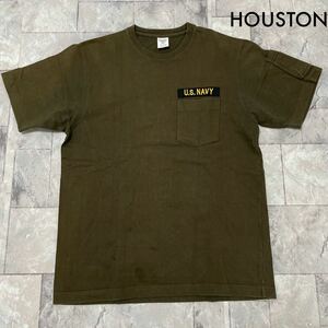 HOUSTON ヒューストン U.S.NAVY ミリタリー ポケットTシャツ T-shirt TEE 半袖 ヘビー 刺繍 ファントムII スクープ オリーブ 玉SS1871