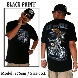 Lサイズ BLACK PRINT/ブラックプリント Tシャツ EAGLE & BIKER ブラックｘブラウン 鷲 鷹 ハーレー バイク 茶 アメリカン アメージング 服