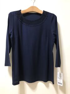 [新品] 激安・在庫処分　Lサイズ　レディース綿100%カットソー　ミセス綿カットソー　高級綿 婦人カットソー　衿レース 紺　日本製