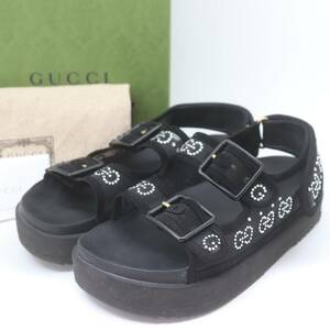 IT56RWCT5HCW 即決 本物 GUCCI グッチ GG クリスタル サンダル メッシュ スエード ブラック バックストラップ レディース 箱 保存袋