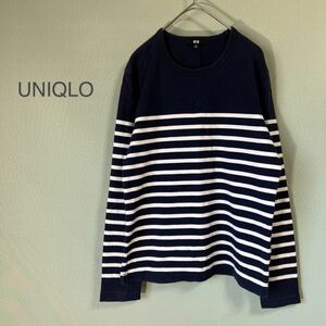 ◎UNIQLO ユニクロ ボーダー 長袖Tシャツ ロンT メンズ Sサイズ ネイビー 春 綿100％