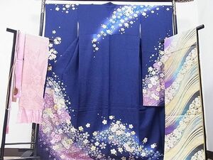 平和屋1■豪華振袖・袋帯・帯締め・帯揚げ・重ね衿セット　刺繍　雲重ね流水草花文　銀通し地　逸品　CAAE9183hy