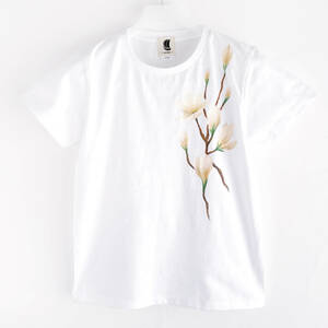レディース Tシャツ Mサイズ 白 木蓮柄Tシャツ ハンドメイド 手描きTシャツ マグノリア
