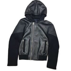 美品 14AW ジバンシィ GIVENCHY フード付き ラムレザー ライダースジャケット ブルゾン アウター ボンディング切替 黒 ブラック サイズXS