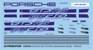 LB Production LB24911：タミヤ 1/24 ポルシェ 911 GT3 RS (992)用 インディゴ色カスタムデカール 水転写デカールLB24911藍色