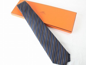 1円　エルメス　HERMES　★　ネクタイ　★　シルク100％　★　ネイビー　×　ダークブラウン　ストライプ　★　就活　箱付き　TU56 