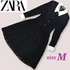 極美品✨ZARA 総レース 襟付きワンピース パールボタン M