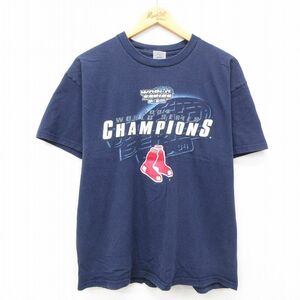 L/古着 半袖 ビンテージ Tシャツ メンズ 00s MLB ボストンレッドソックス ワールドシリーズ コットン クルーネック 紺 ネイビー メジャ