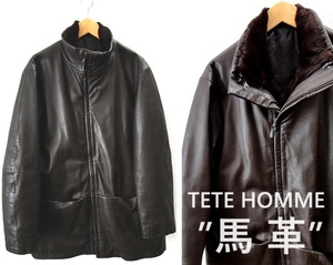 上質 馬革/TETE HOMME:テットオム/ホースレザー スタンドカラー ハーフコート/ジャケット/ブラウン/Msize/ラビットファーライナー付き 