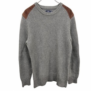 ジェイクルー J.CREW リブニット セーター ヨークがフェイクスエード 長袖 無地 丸首 綿100% コットン100% S グレー グレー×茶 レディース