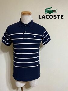 【美品】 LACOSTE EXCLUSIVE EDITION ラコステ 限定 ボーダー 鹿の子 ポロシャツ トップス サイズ2 半袖 ネイビー ファブリカ 日本製PH202P