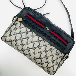 1円●極美品●GUCCI グッチ オールドグッチ ショルダーバッグ カメラバッグ シェリーライン PVC レザー インターロッキング GG柄 ネイビー