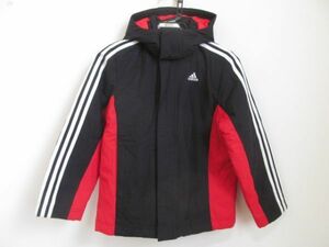 (55256)アディダス　adidas　キッズ　男の子　中綿　ナイロン　ジップ　ジャケット　フード　ブラック×レッド　140㎝　USED