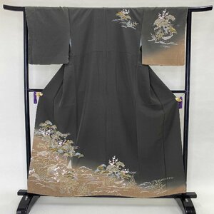 訪問着 中古 古典柄 花柄 濃い緑 ブラウン 松竹梅 裄65cm 身丈160cm 結婚式 着物 入学式 卒業式 礼装 1163