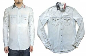 DENIM＆SUPPLY USA FLAG COLLAR SHIRT XS 衿 星条旗 フラッグ シャンブレー シャツ デニム&サプライ ライトブルー ※レターパック