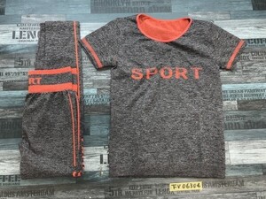 SPORT レディース ストレッチ 半袖Tシャツ・レギンスパンツ 上下セットアップ グレーオレンジ