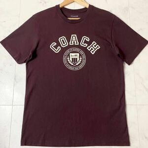 極美品●コーチ COACH 半袖 Tシャツ トップス カレッジロゴ 立体プリント クルーネック コットン Mサイズ ボルドー メンズ