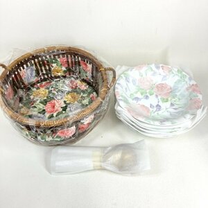 1円〜 【新品・未使用】 EXCELLENT TABLE WARE 花柄バスケット お皿スプーンセット ピクニックセット 薔薇 バラ 花絵 ステンレス ワンスタ