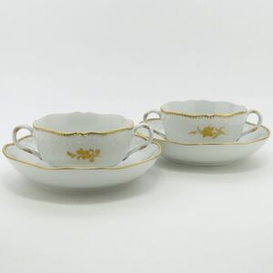 マイセン カップ＆ソーサー■金色の花 スープC&S 2客セット エンボス ゴールド 金彩 Meissen 2