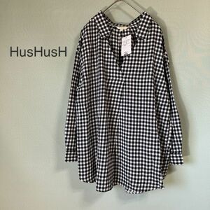 【タグ付未使用品 】HusHush ハッシュアッシュ プルオーバーブラウス チェック柄 長袖シャツ ブラウス レディース Mサイズ 綿100%