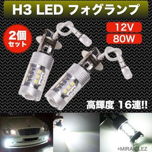 フォグランプ H3 80W 12V LED チップ 16連 16 SMD ホワイト 白 2個セット バルブ 爆光 インボイス対応