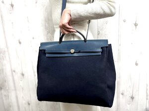 極美品 HERMES エルメス エールバッグMM トートバッグ ハンドバッグ ショルダーバッグ キャンバス×レザー 紺 2WAY A4収納可 79774Y