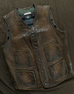 【傑作】世界60着限定 RRL LIMITED EDITION LEATHER VEST ダブルアールエル リミテッド 茶芯 ブランケット レザー ベスト 2010年製 S