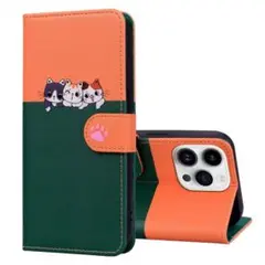 iphone13手帳柄猫ケース　オレンジ+緑おしゃれスマホケース