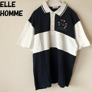 【人気】ELLE HOMME/エル オム 刺繍ロゴ ポロシャツ ネイビーxホワイト サイズL/3310