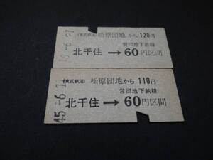 【東武】松原団地駅発行　松原団地から110円・120円　北千住営団地下鉄線50・60円区間　B型　パンチ有　S46　2枚