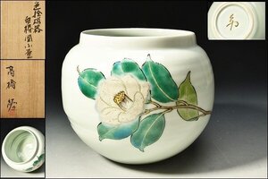 YK00329 東京芸大 高橋紘 色絵磁器 白椿図 小壺 共箱