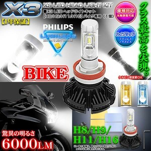 ハーレーダビッドソンH11/H16 バイク用X3 PHILIPS 6000ルーメンLEDヘッドライトキット25W/6500K