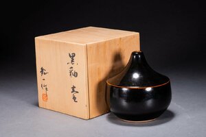 【善古堂】某有名オークション買入 時代物 在銘 黒釉壺 花入 花生 共箱 和風インテリア 骨董品 古美術1025-319S01