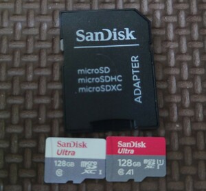 【1円〜】SanDisk microSDXCカード128GB 2枚&microSDアダプター【動作確認済】